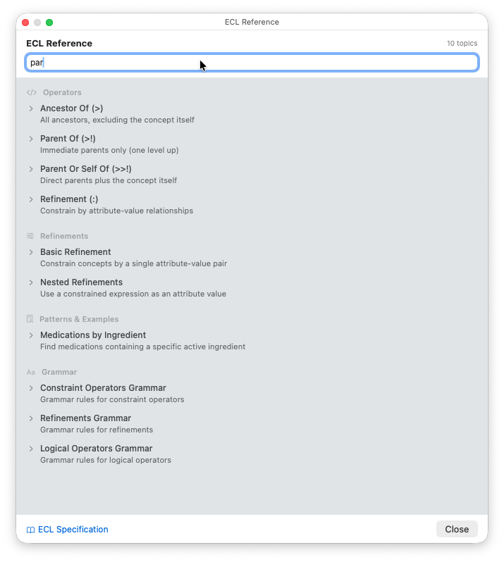 ECL Reference panel with searchable knowledge articles