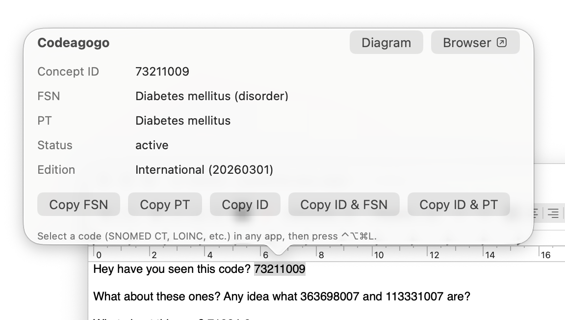 Codeagogo lookup popover showing concept details