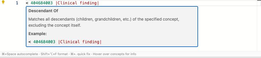 Hover information displaying concept details and operator documentation
