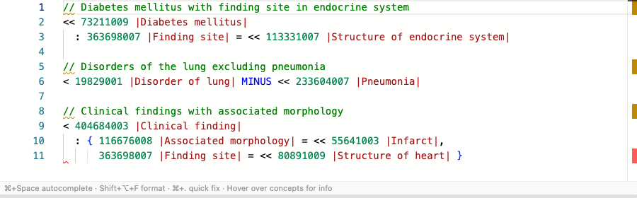 ECL syntax highlighting with semantic tokens distinguishing concept IDs, terms, operators, and constraints