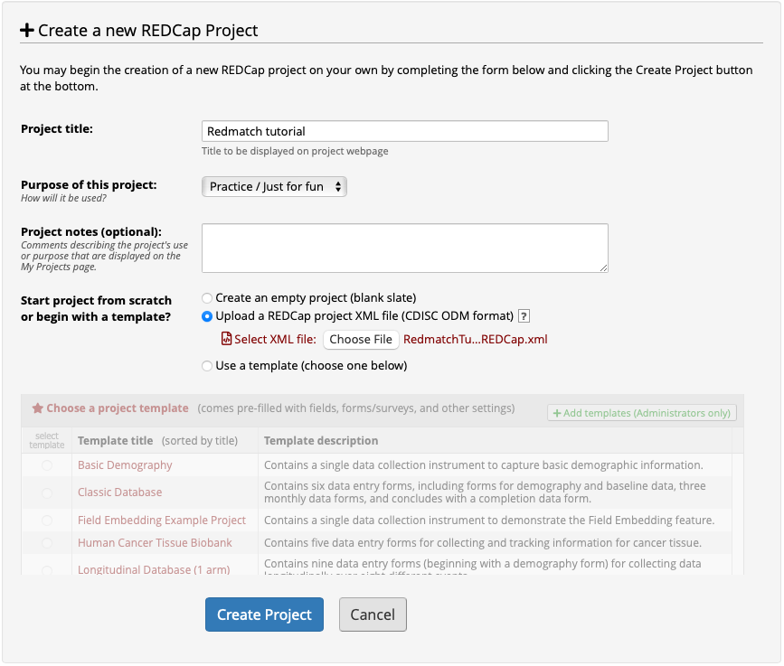 Create new REDCap project